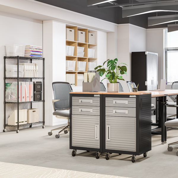 Modern office space with a desk, shelves, and chairs.