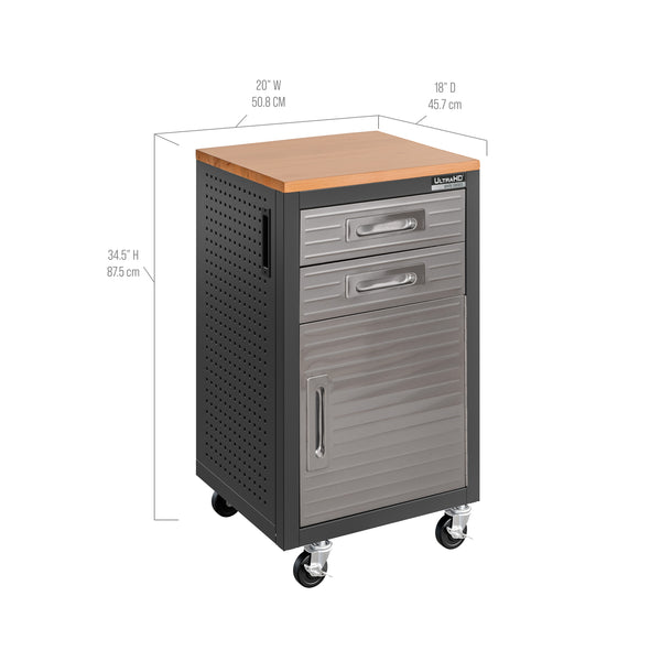 Gray storage cabinet with a wooden top and dimensions displayed
