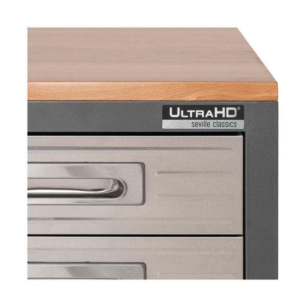 Close up of Seville Classics UltraHD Rolling Workcenter logo with wooden top on a white background