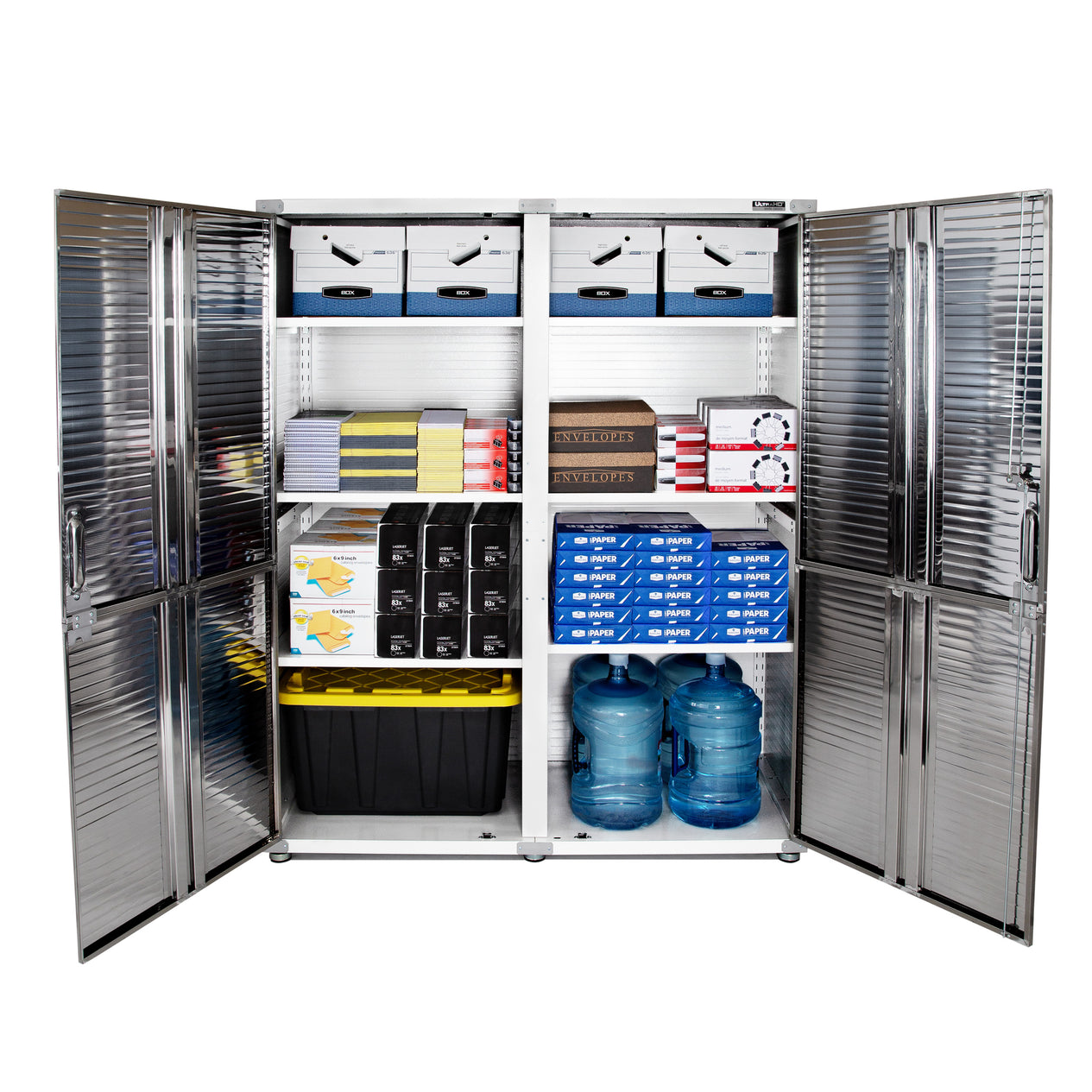 Opened doors propped with office supplies