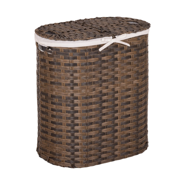 Handwoven Lidded Oval Double Laundry Hamper, Mocha Brown