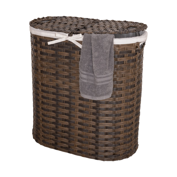 Handwoven Lidded Oval Double Laundry Hamper, Mocha Brown