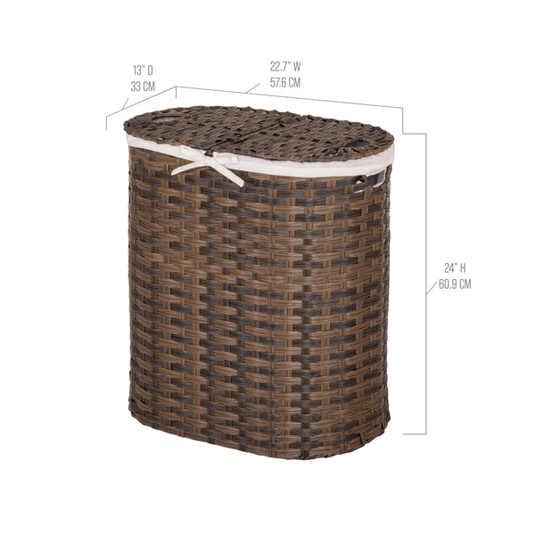 Handwoven Lidded Oval Double Laundry Hamper, Mocha Brown