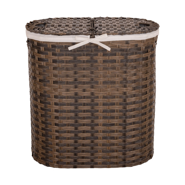 Handwoven Lidded Oval Double Laundry Hamper, Mocha Brown