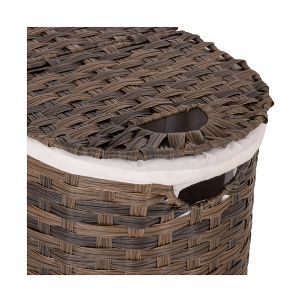 Handwoven Lidded Oval Double Laundry Hamper, Mocha Brown