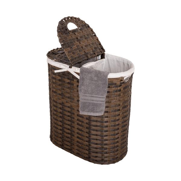 Handwoven Lidded Oval Double Laundry Hamper, Mocha Brown