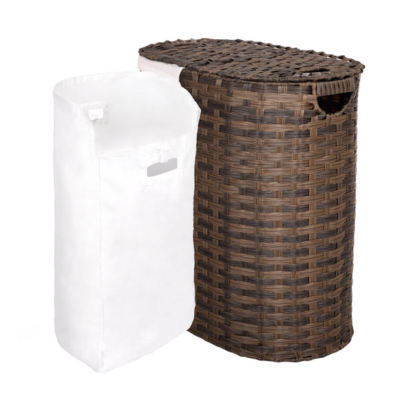 Handwoven Lidded Oval Double Laundry Hamper, Mocha Brown