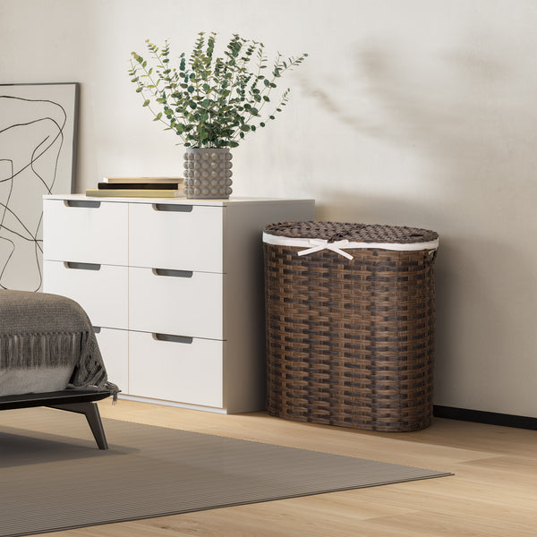 Handwoven Lidded Oval Double Laundry Hamper, Mocha Brown