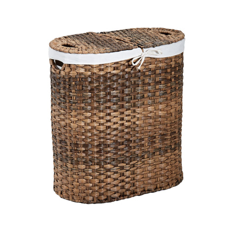 Handwoven Lidded Oval Double Laundry Hamper