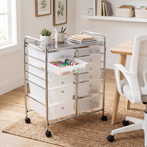 12-Drawer Rolling Organizer Cart, Frosted White