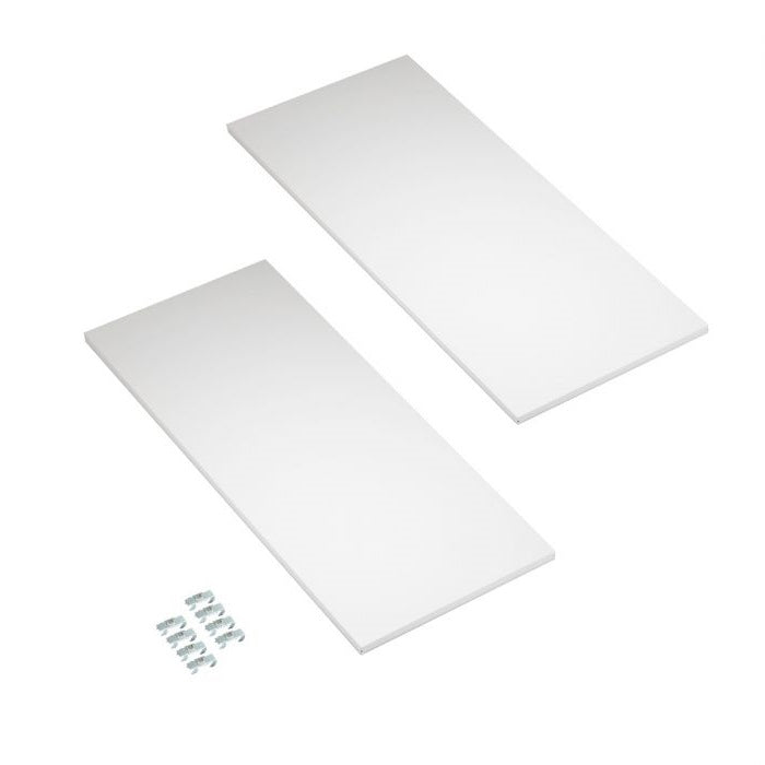 White shelves on white background with mounting hooks