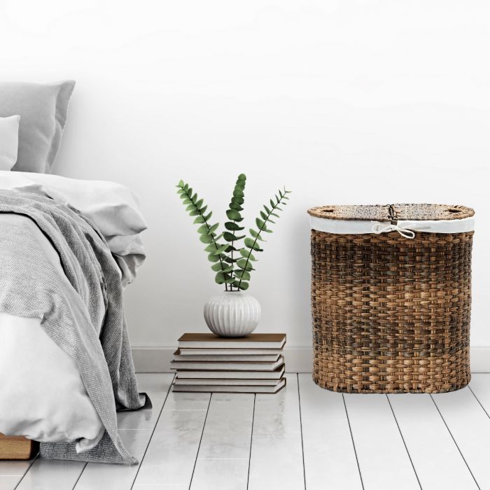 Handwoven Lidded Oval Double Laundry Hamper, Mocha Brown