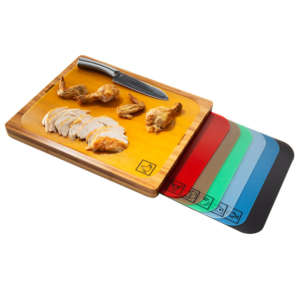 Bamboo Cutting Board w/ 7 Color-Coded Cutting Mats