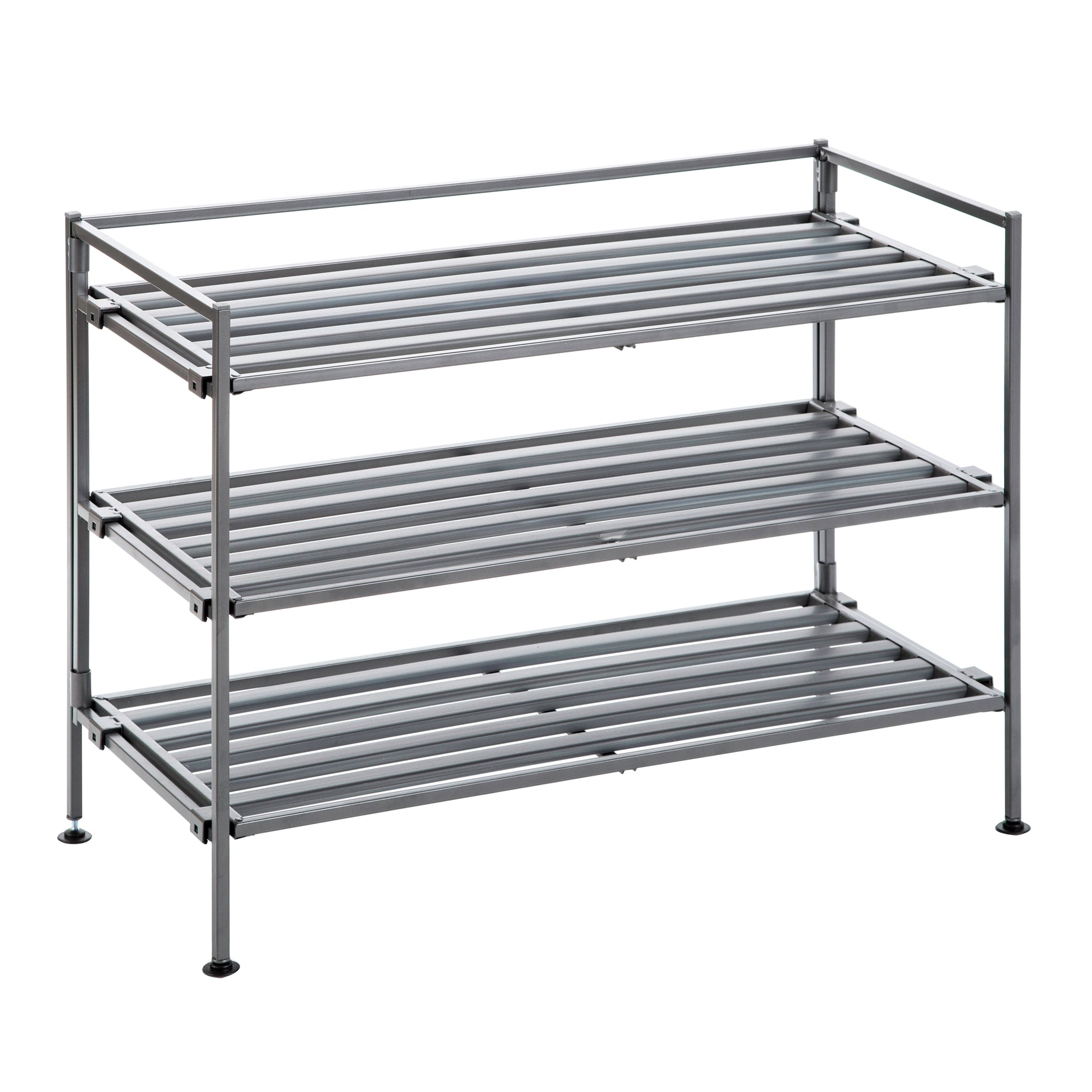 Angled ash gray shoe rack on white background