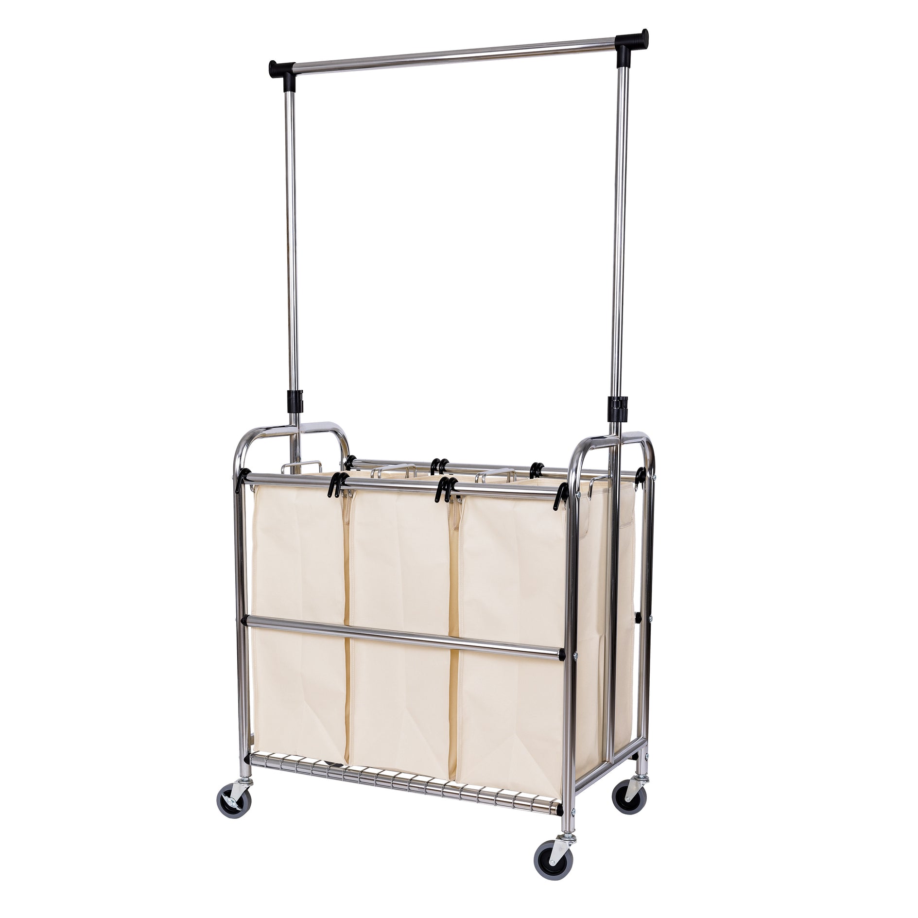 Rolling 3-Bag Steel Laundry Sorter w/ Hanging Bar - Thumbnail 2