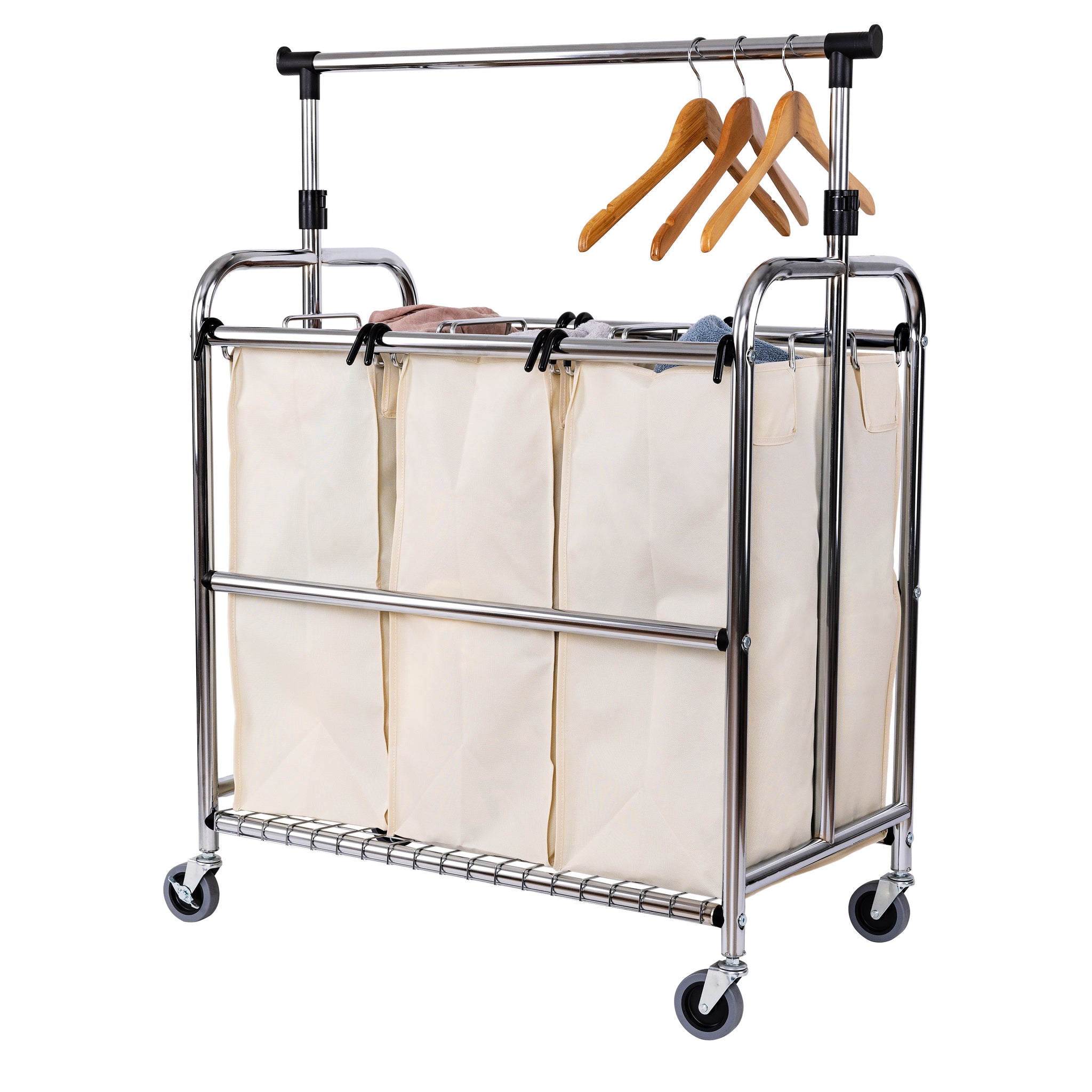 Rolling 3-Bag Steel Laundry Sorter w/ Hanging Bar - Thumbnail 5