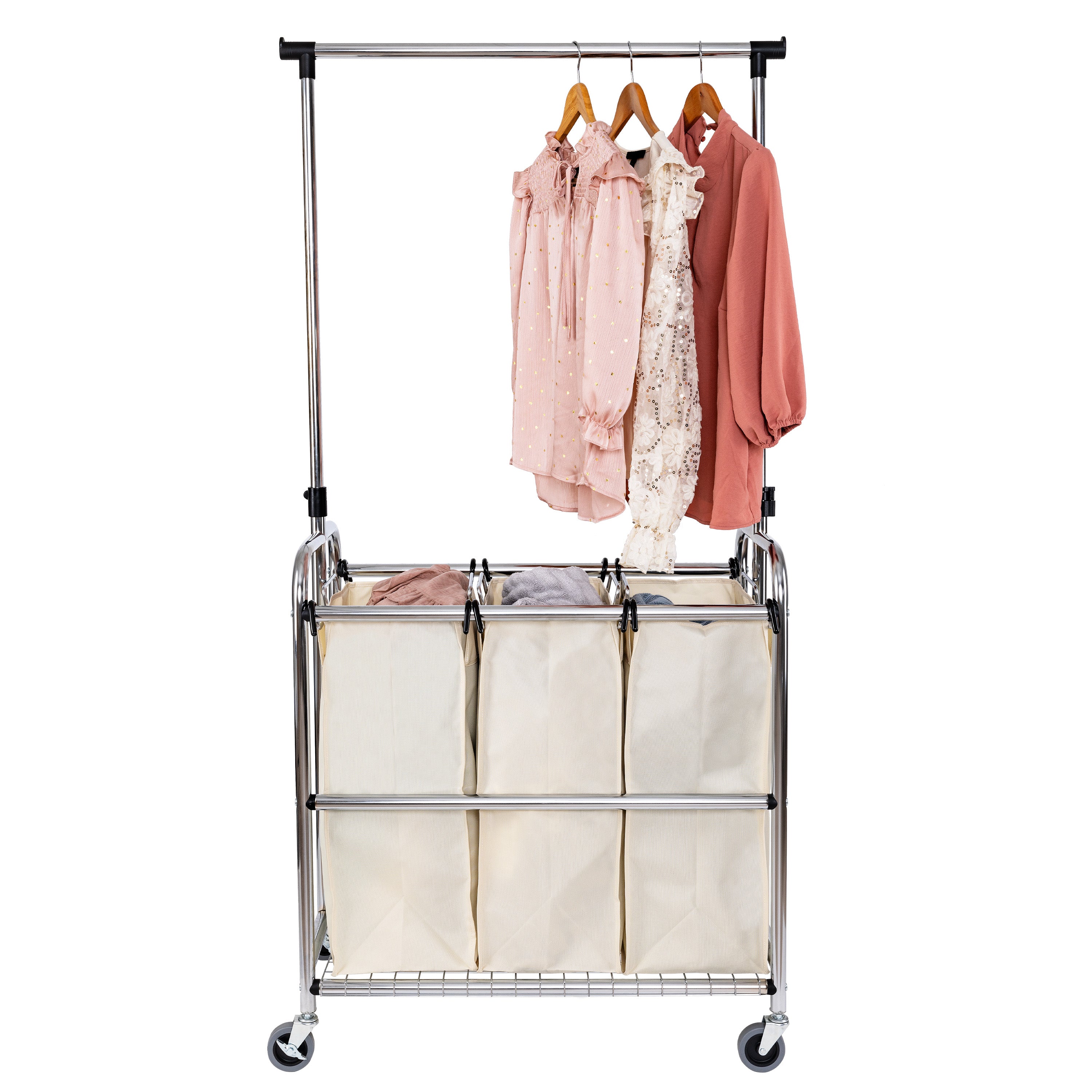 Rolling 3-Bag Steel Laundry Sorter w/ Hanging Bar