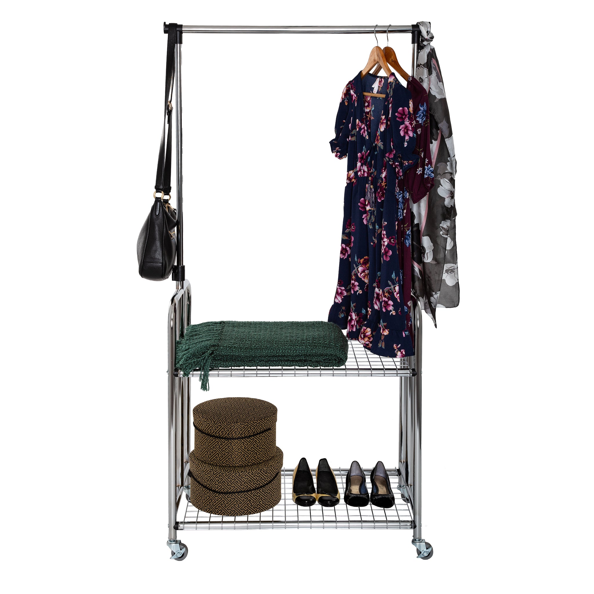 Rolling 2 Shelf Steel Garment Rack w Hanging Bar Seville Classics