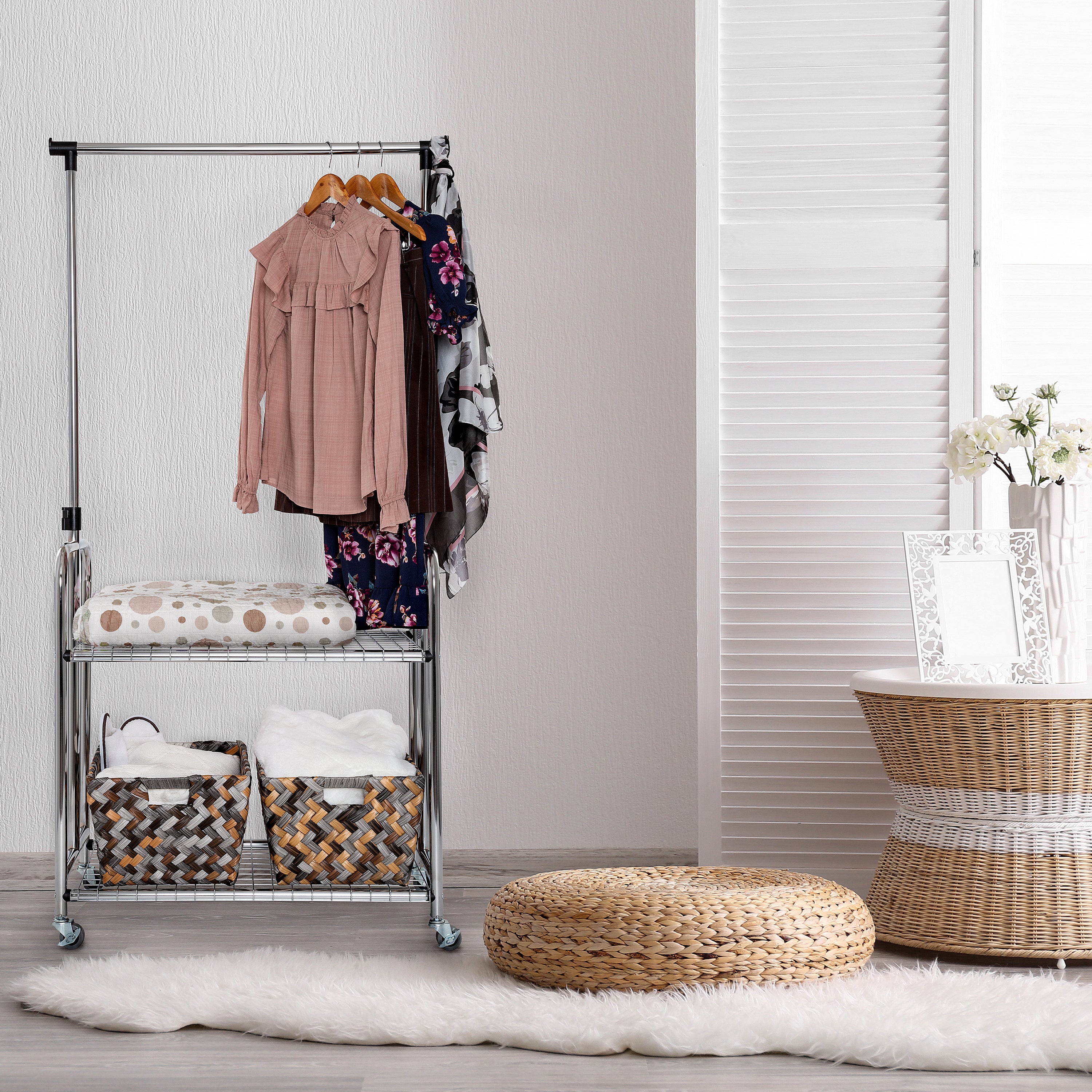 Rolling 2 Shelf Steel Garment Rack w Hanging Bar Seville Classics