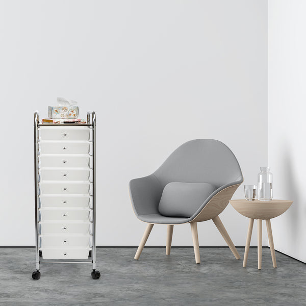 White 10-Drawer Organizer Cart next to chair and table
