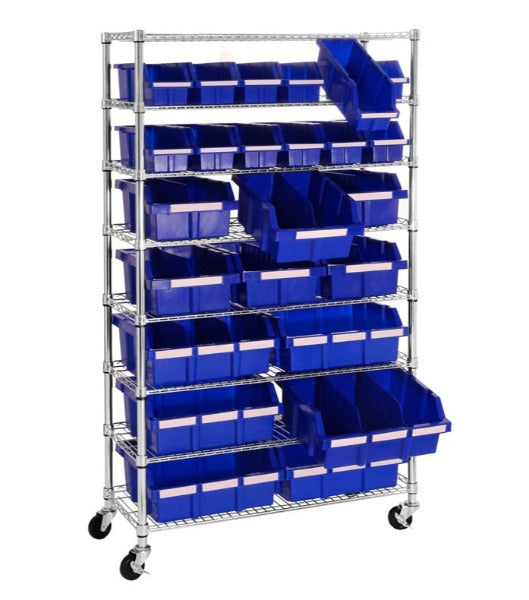 Blue Bin Rack with tilted bins on white background