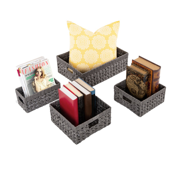 Storage basket set propped with books and magazines