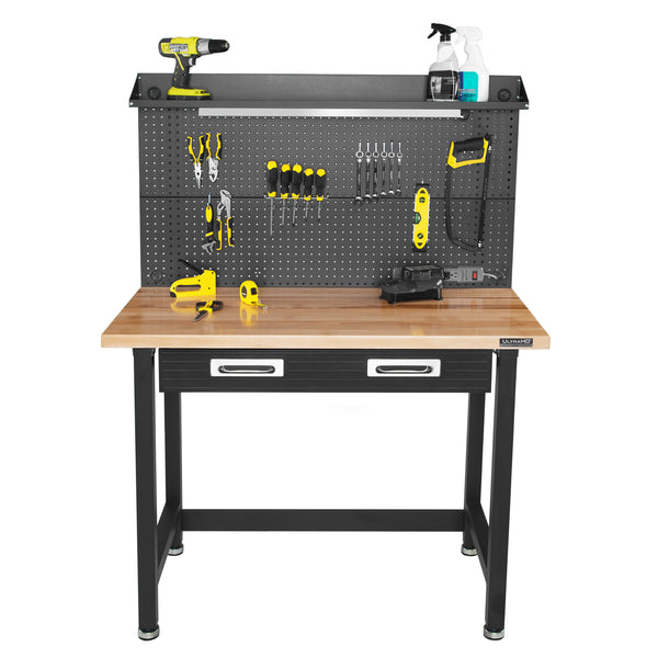 UltraHD® Lighted Workcenter w/ Wood Top and Pegboard, Graphite