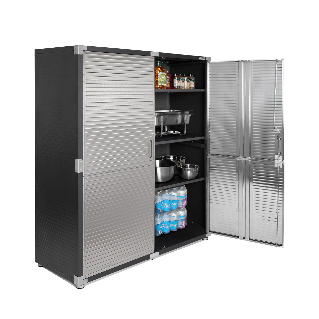Graphite cabinet propped with kitchen supplies