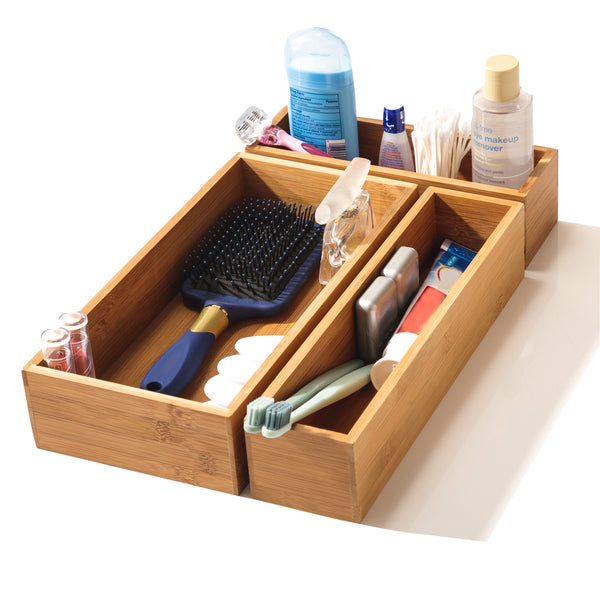 Bamboo Organizer propped with bath supplies