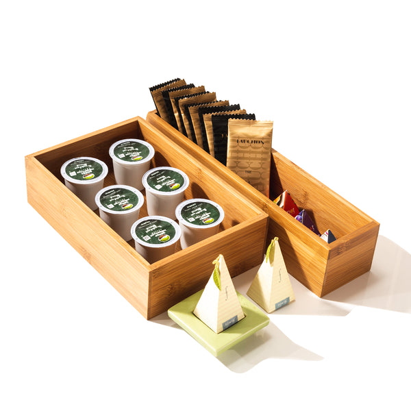Bamboo Organizers propped with teas and coffee