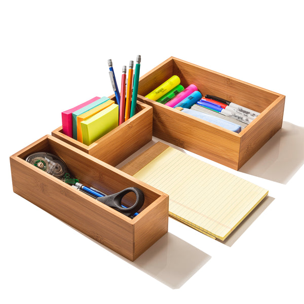 Bamboo Organizers propped with office supplies