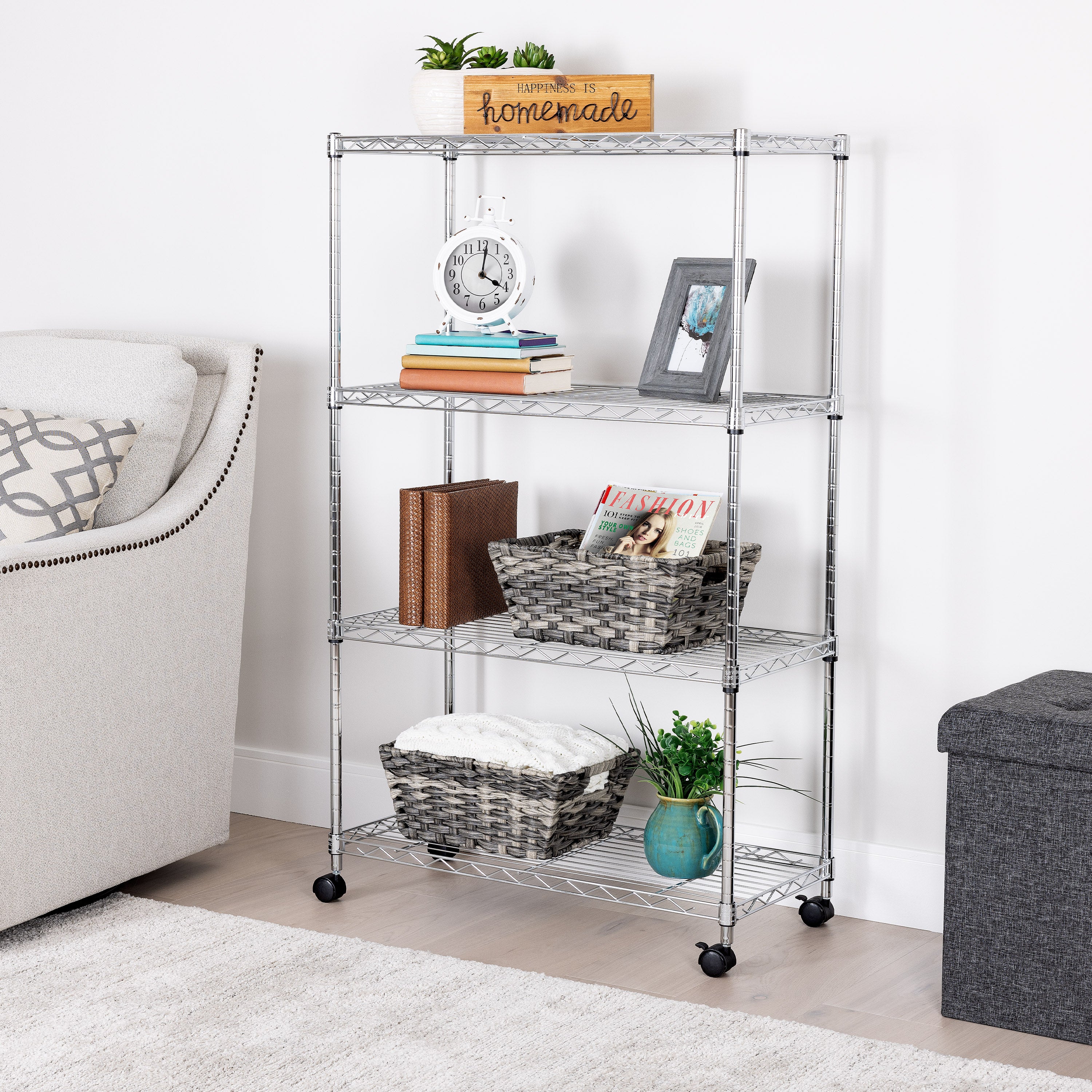 Seville Classics 4-Tier Steel Wire Shelving with Wheels, 30 W x 14 D x 48 H