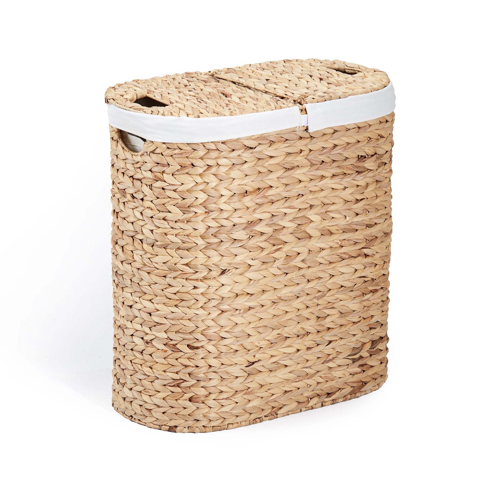 Sustainable Handwoven Lidded Oval Double Laundry Hamper, Natural Water Hyacinth