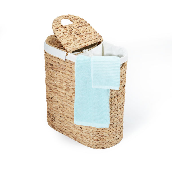 Sustainable Handwoven Lidded Oval Double Laundry Hamper, Natural Water Hyacinth