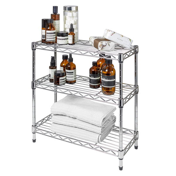 3-Tier steel wire shelf propped with bathroom supplies