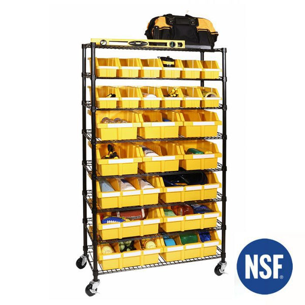 Propped Yellow Bin Rack with NSF Logo