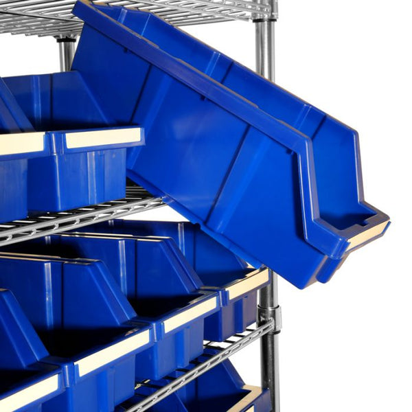 Close up of tilted blue bins