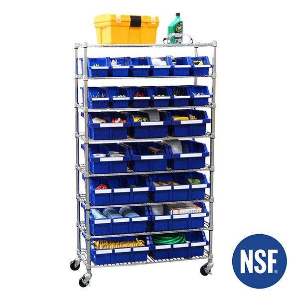 Propped blue bin rack with NSF logo