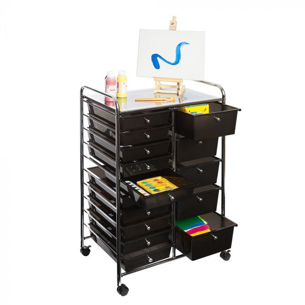 Black 15-Drawer Organizer propped with arts and crafts