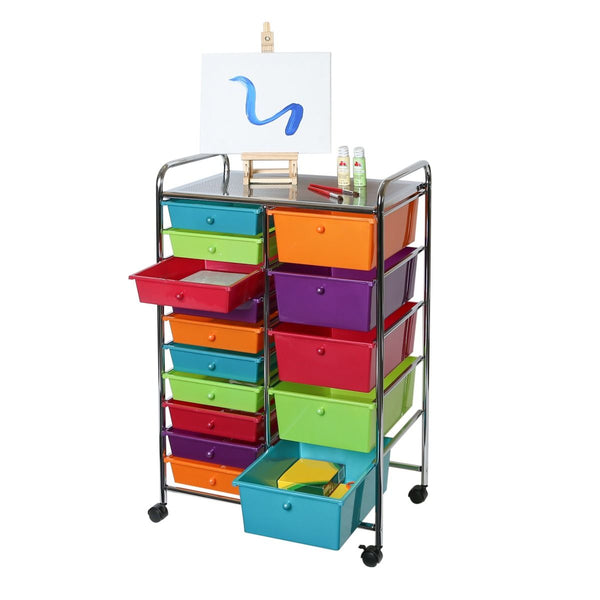 Multi-color 15-Drawer Organizer propped with arts and crafts